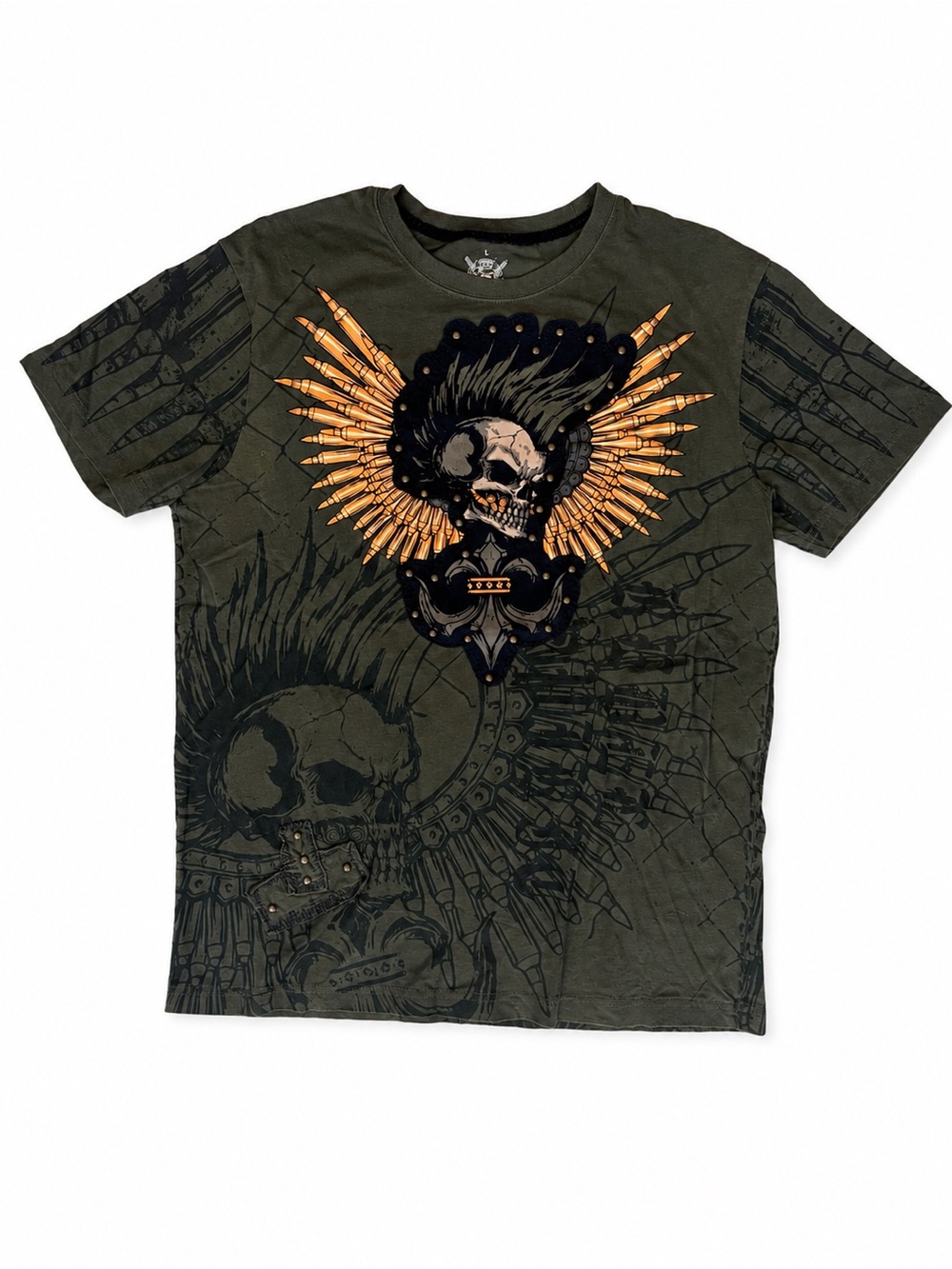Rebel Spirit Olive Graphic Skull Tee with Orange Accents